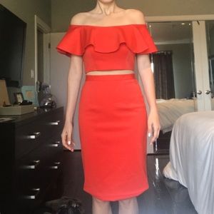 Off shoulder Jovani tangerine two piece